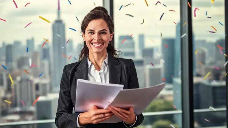 Una ejecutiva celebra el éxito legal