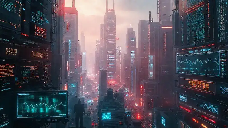 Ciudad futurista, datos digitales y sombras
