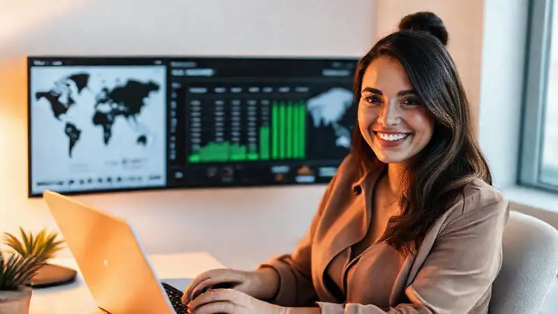 Mujer gestiona finanzas online profesionalmente