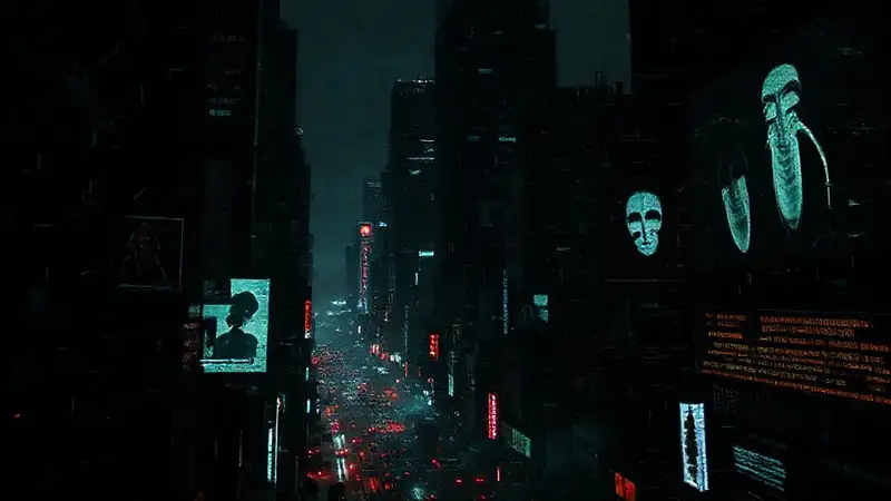 Ciudad digital oscura, descompuesta y amenazante