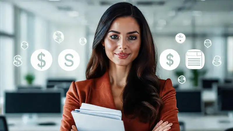 Mujer segura gestiona finanzas con confianza