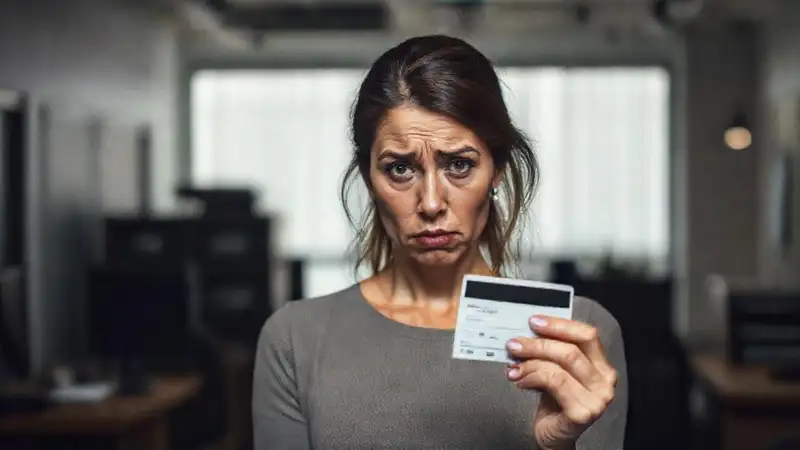 Mujer preocupada con tarjeta y confusión
