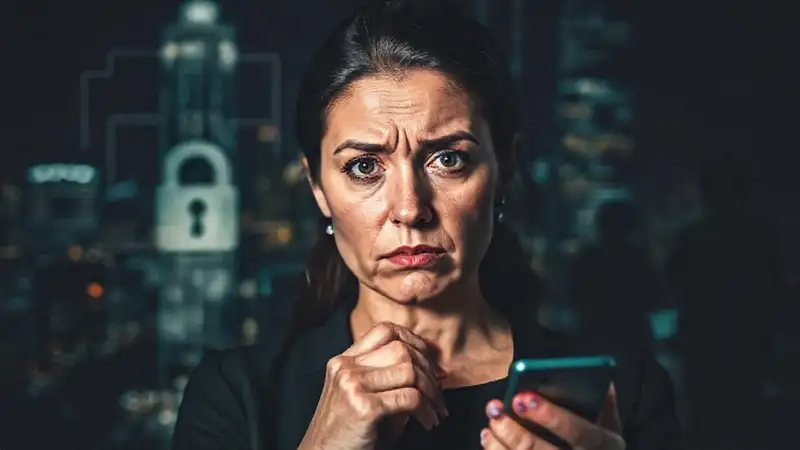Una mujer preocupada enfrenta desafíos digitales urgentes