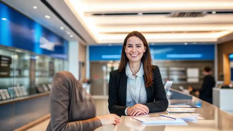 Mujer sonríe en banco moderno y tranquilo