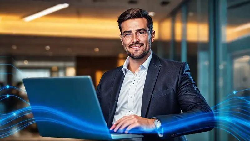 El hombre de negocios transmite seguridad digital