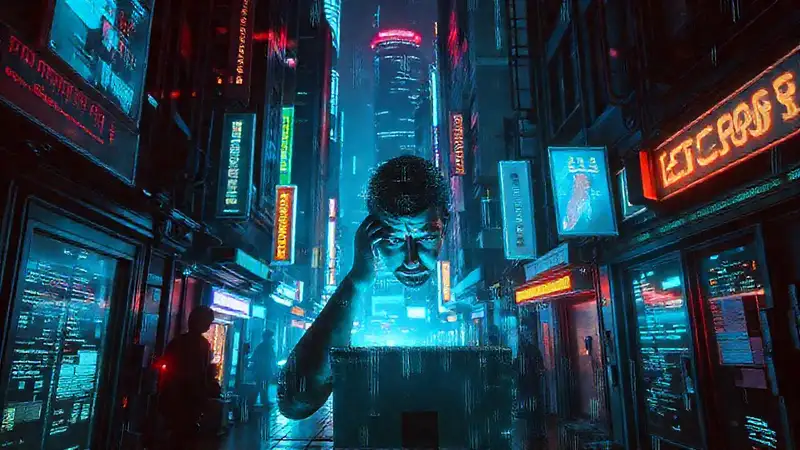 Ciudad cyberpunk: frustración digital y luces extrañas