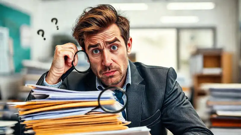 Un hombre confundido examina documentos legales