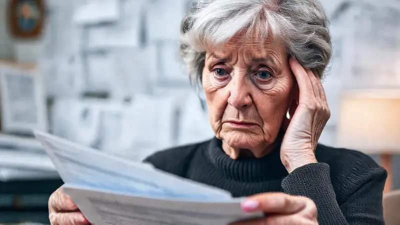Una anciana preocupada y desorientada lidia con documentos