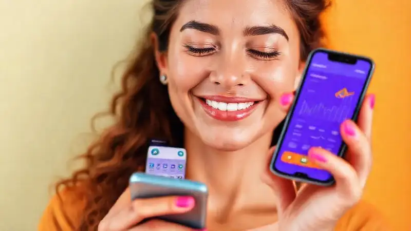 Mujer sonríe, usa banca móvil tranquila