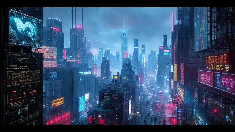 Ciudad cyberpunk futurista, brillante y lluviosa