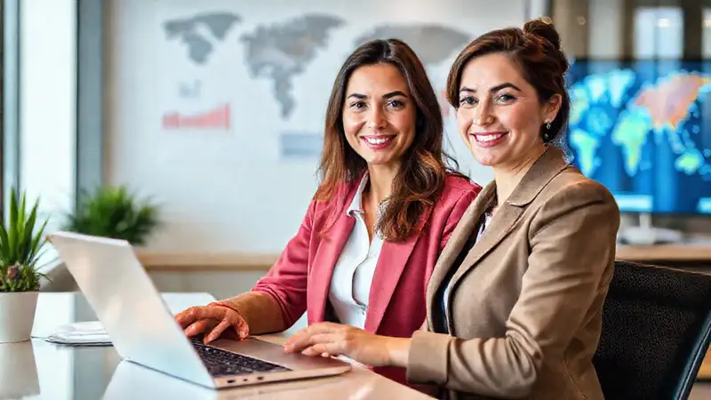 Una mujer confiada gestiona finanzas globales digitalmente