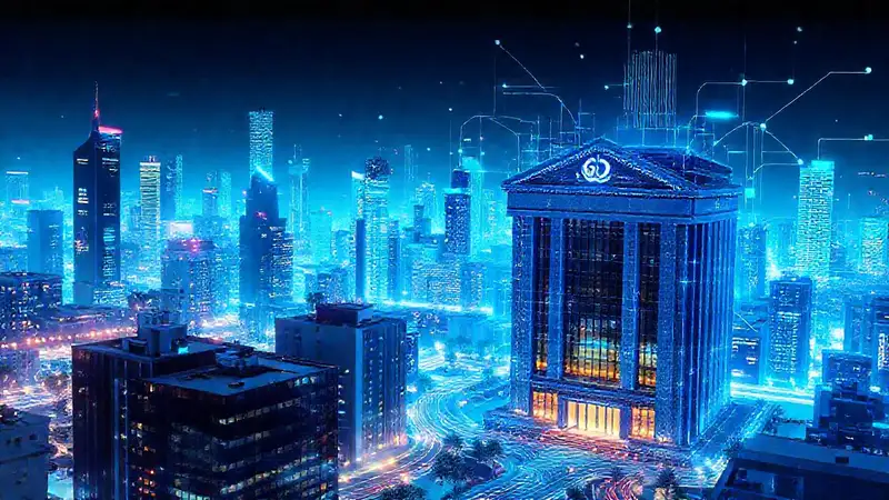 Ciudad futurista digital, colores vibrantes y datos