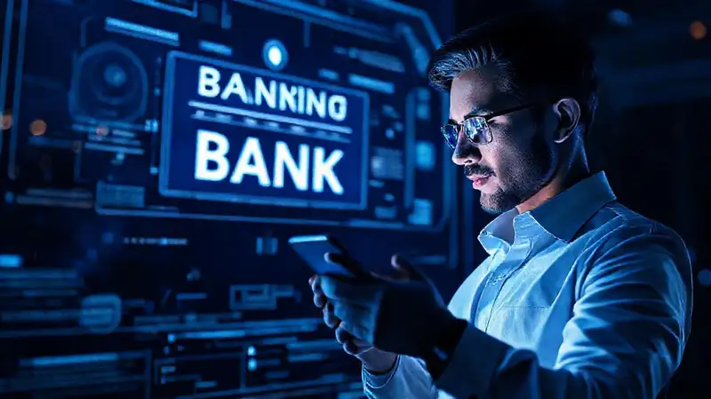 Banca futurista, interfaz digital, elegante y segura