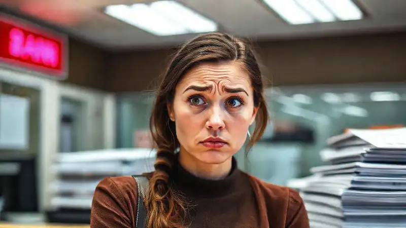 Una mujer confundida enfrenta un problema bancario