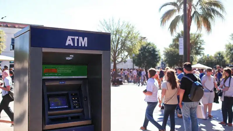 Cajero automático seguro en plaza soleada