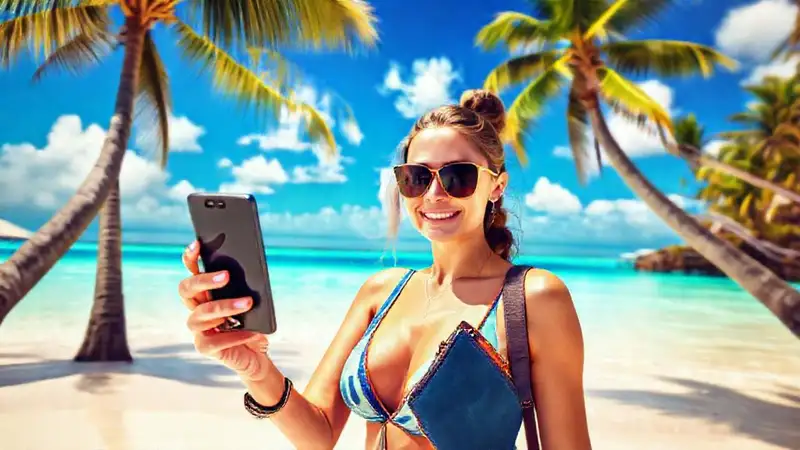 Mujer relajada disfruta playa digital