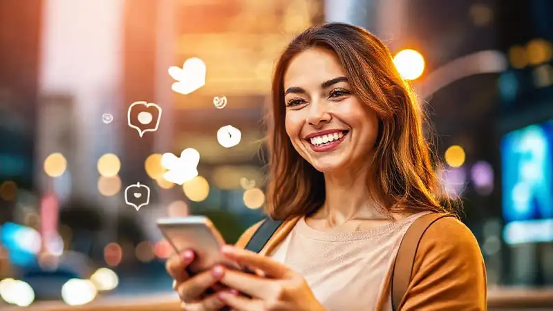 Mujer sonriente usa redes sociales modernas