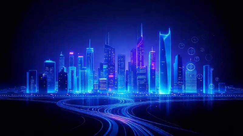 Una ciudad futurista digital azulada y púrpura