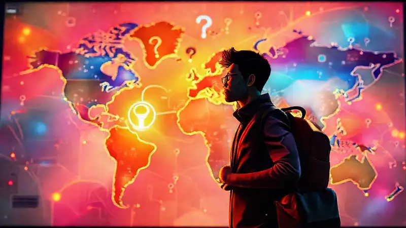 Mapa global digital, clave misteriosa, viaje incierto