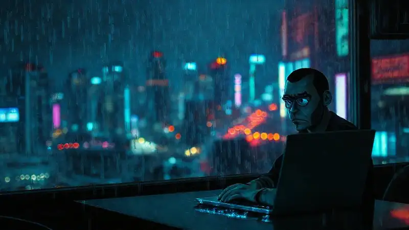 Un café cyberpunk, melancólico y digital
