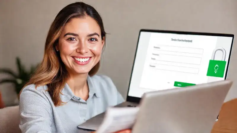 Una mujer sonríe en banca online segura