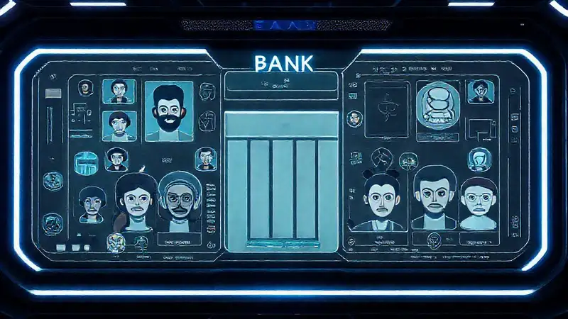 Banco digital futurista, serio y silencioso