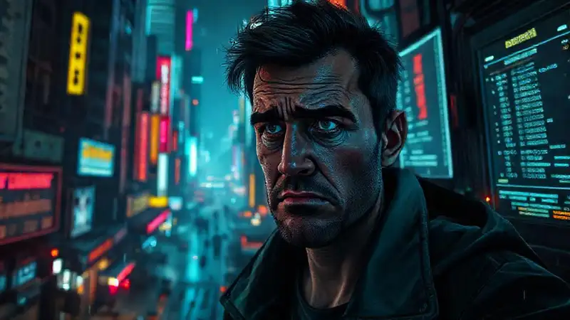 Ciudad cyberpunk frustrante, datos y dinero