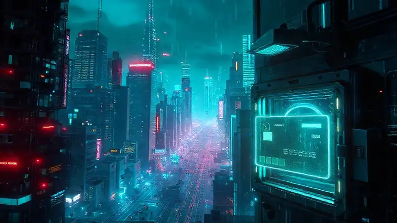 Ciudad cyberpunk futurista y digitalmente vigilada
