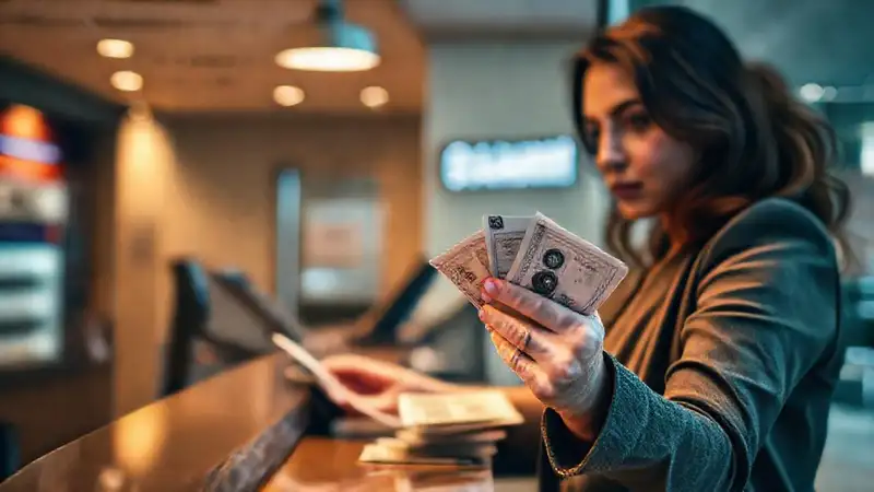Mujer deposita efectivo en banco