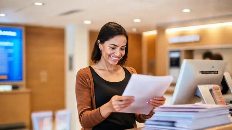 Mujer actualiza registros en banco amigable