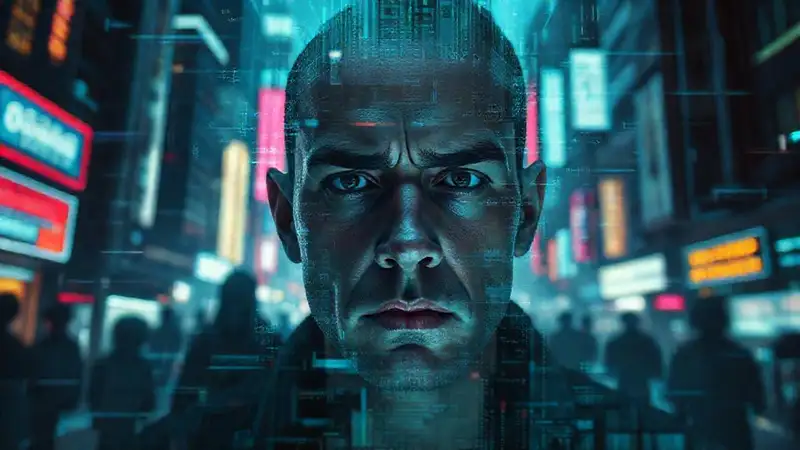 Ciudad cyberpunk digital, caótica e inquietante