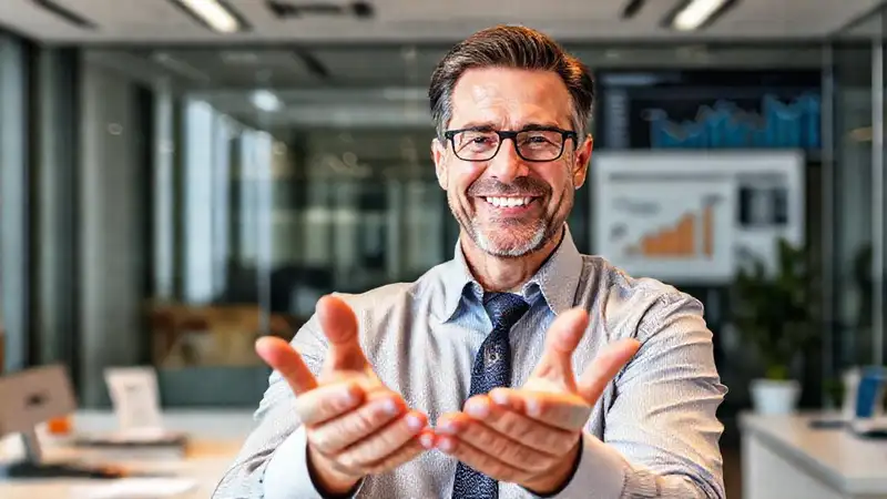 Profesional confiado en entorno financiero optimista