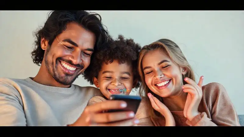 Familia feliz visualiza éxito financiero digital