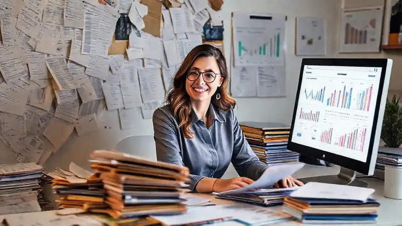 Una mujer optimista gestiona financieramente con éxito