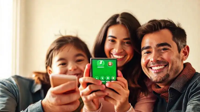 Familia sonríe, ve crecimiento financiero digital