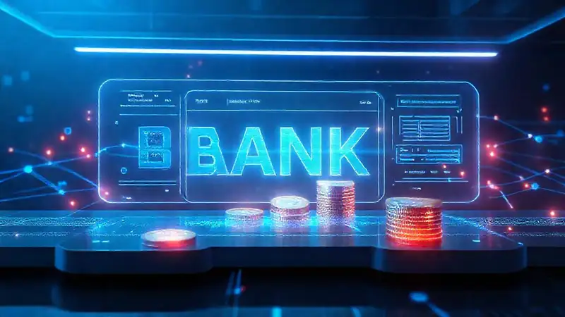 Banca futurista: holografía minimalista y digital