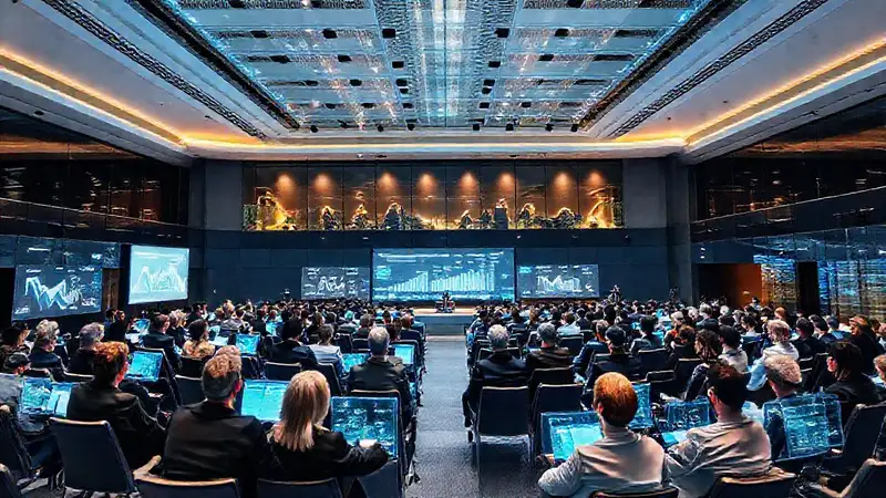Una conferencia corporativa futurista y optimista