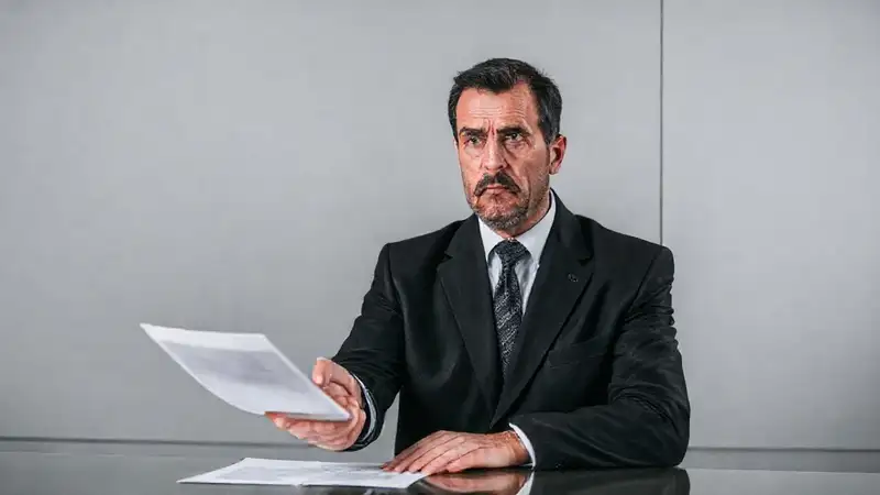 Un hombre serio evalúa riesgos legales