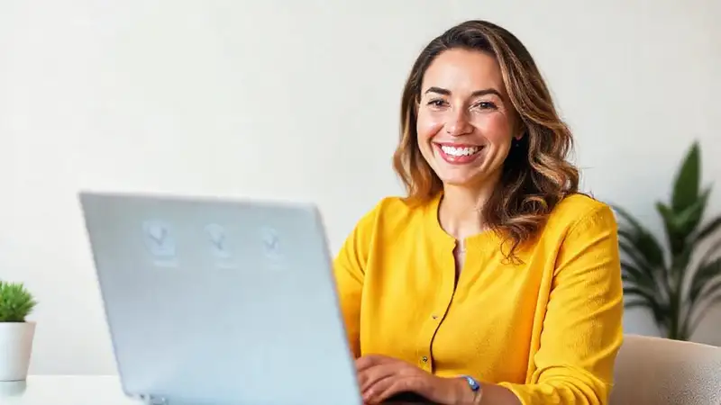 Una mujer sonríe, ofreciendo soluciones digitales seguras