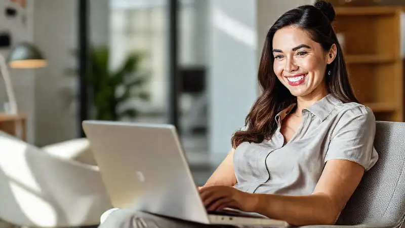 Mujer sonriente trabaja relajada con laptop