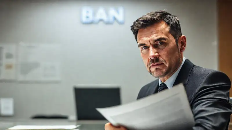 Un hombre serio realiza trámites bancarios