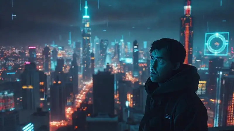 Un expatriado ansioso observa una ciudad futurista