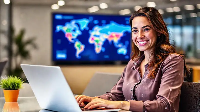 Mujer feliz realiza transacción digital global