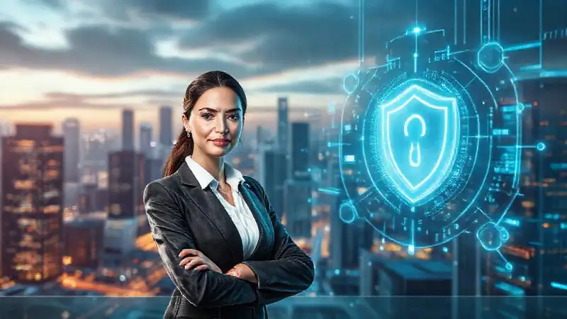 Una empresaria segura en ciudad futurista