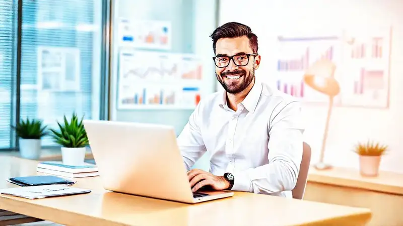 Un emprendedor feliz trabaja en oficina moderna