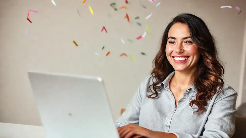 Mujer sonríe a un banco online