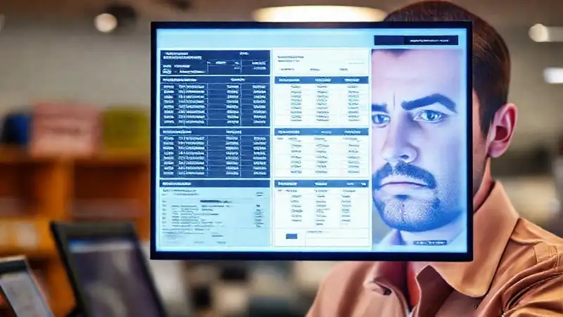 El burócrata introduce datos en la pantalla