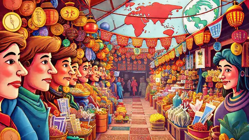 Mercado vibrante y multicultural, lleno de vida