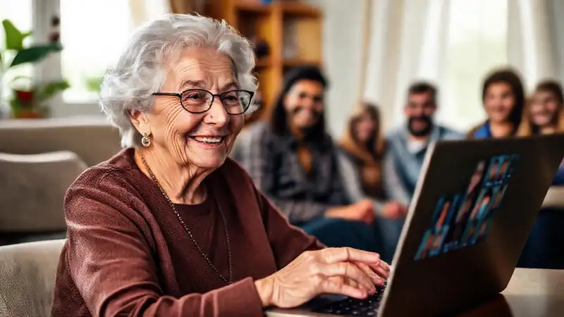 Mujer mayor conecta comunidad digitalmente alegremente