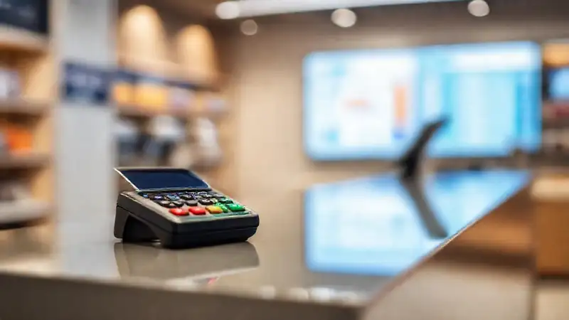 Mostrador moderno, transacción digital, diseño limpio